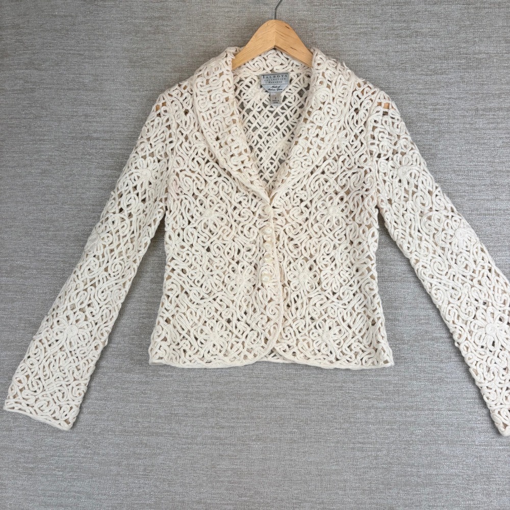 RARE Talbots Collection Italian Alpaca Cardigan Womens S Cream Wool Crochet EUC